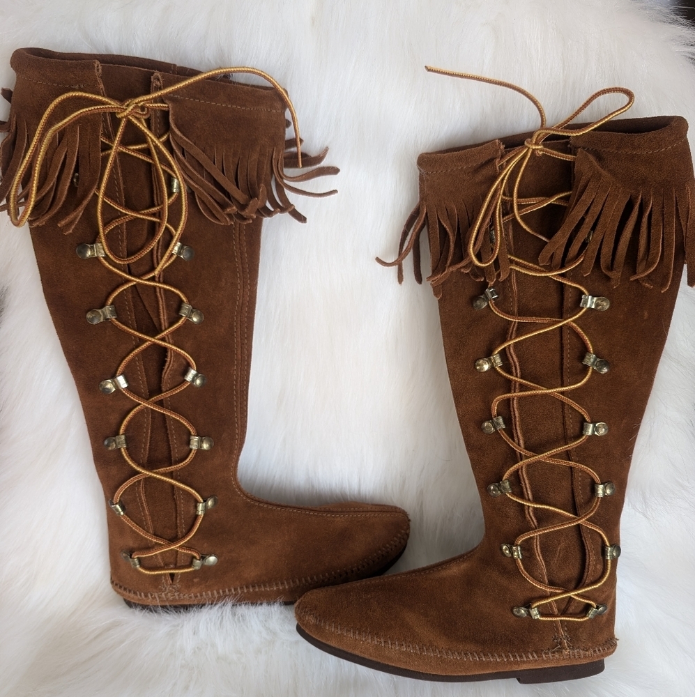 Vintage 70s Brown Suede Leather Lace Up Fringe Boots Size 6